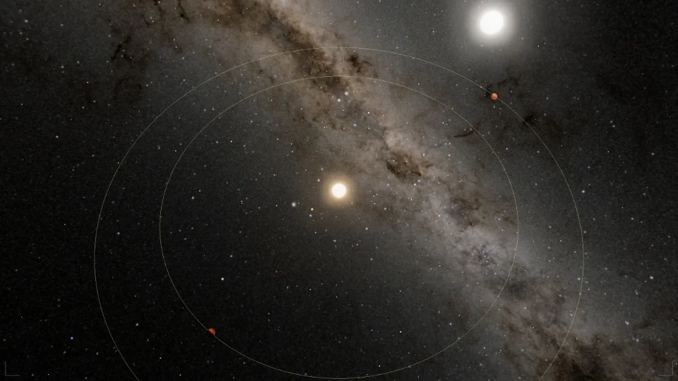 The Alpha Centauri system in Orrery Space: its stars and Proxima Centauri's planets on their orbits